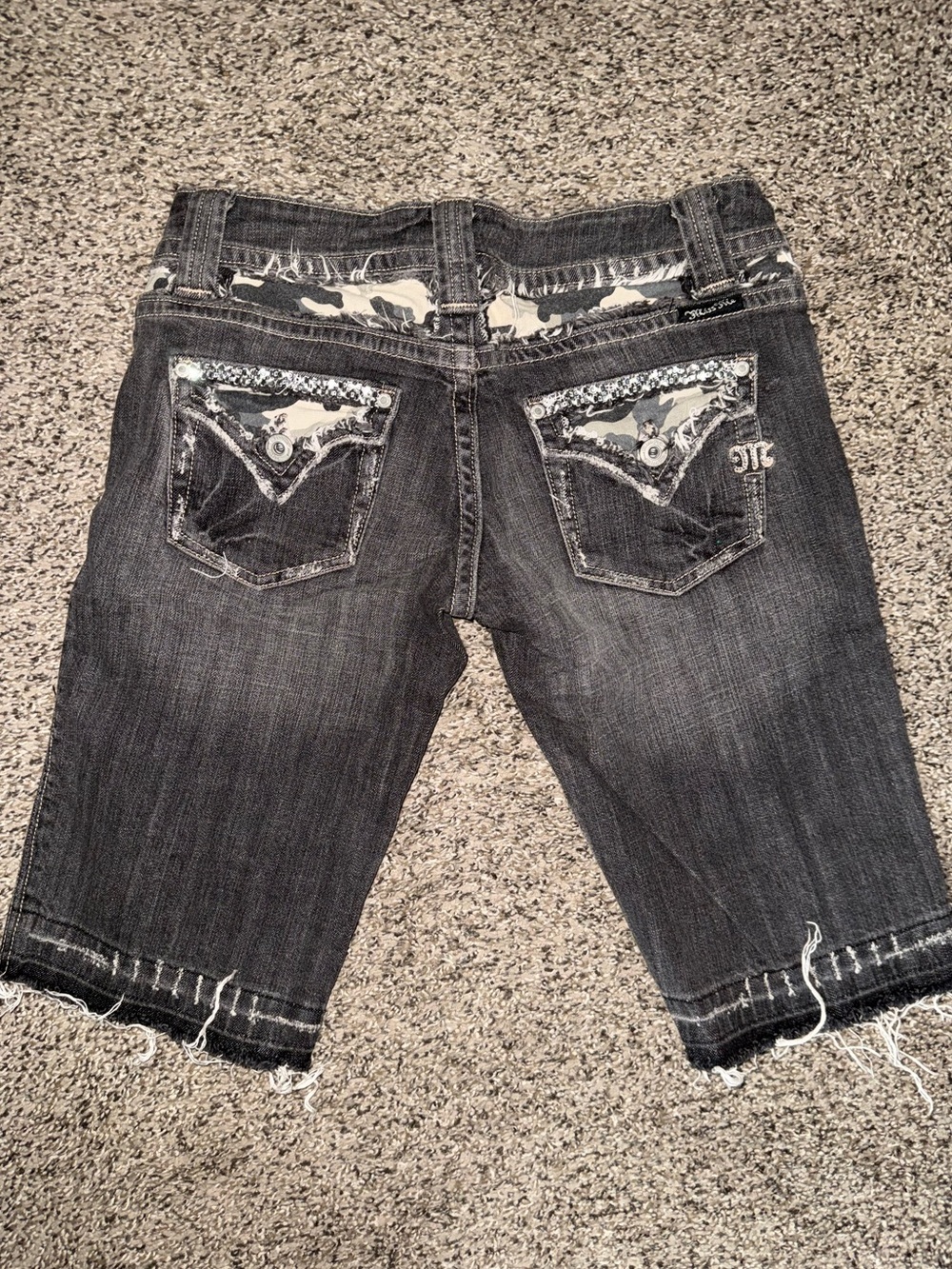 MISS ME Dark Wash Denim Bermuda Shorts rhinestones camo flap Pockets
